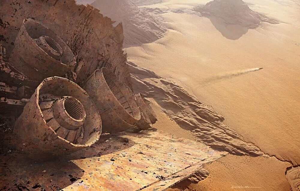 Обломки достигнут земли. Концепты ральфа маккуори. кьюриосити на марсе панорама. космический корабль в пустыне. обломки в пустыне.
