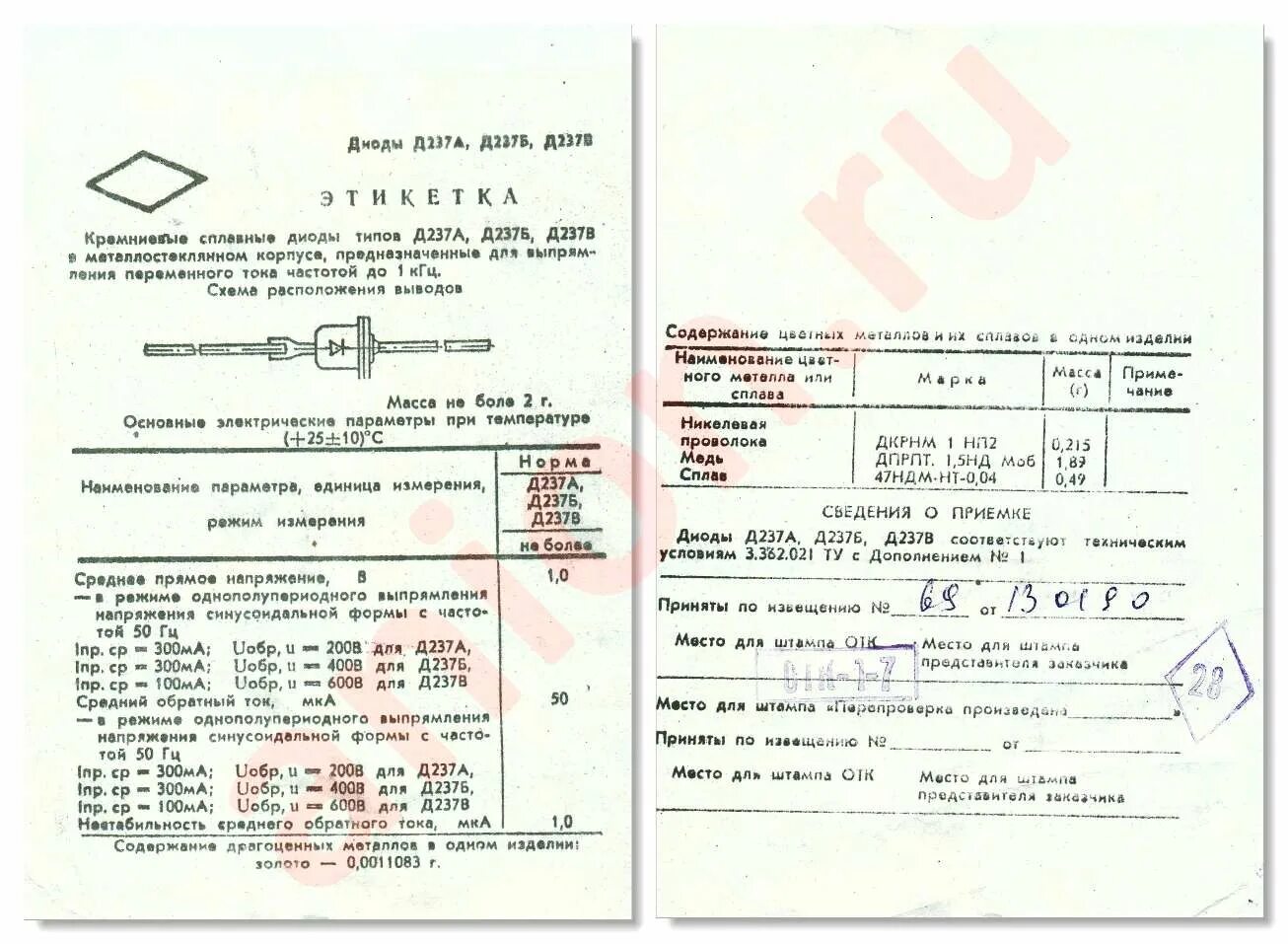 Драгметалл д237б. Д237б характеристики диода. тр3.362.021 ту д1.