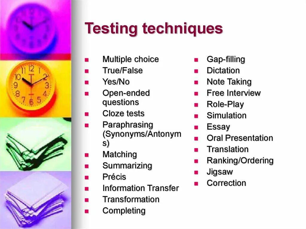 Exams vocabulary. Testing techniques. Types of Tests in English language teaching. Types of Tests and Assessment. Teaching techniques in English.