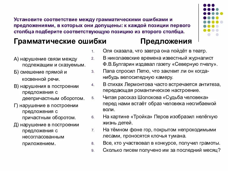 10 предложений с ошибкой. Установите соответствие между грамматическими ошибками. Установите соответствие между грамм. Грамматические ошибки в предложениях. Грамматическая ошибка допущена в предложении.