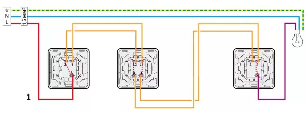 Тройной проходной выключатель схема подключения на 3. Схема включения проходных выключателей с 3 мест. Схема подключения проходных выключателей на 3-х мест. Подключить проходной выключатель схема с 3 мест. 3 проходных двухклавишных выключателя