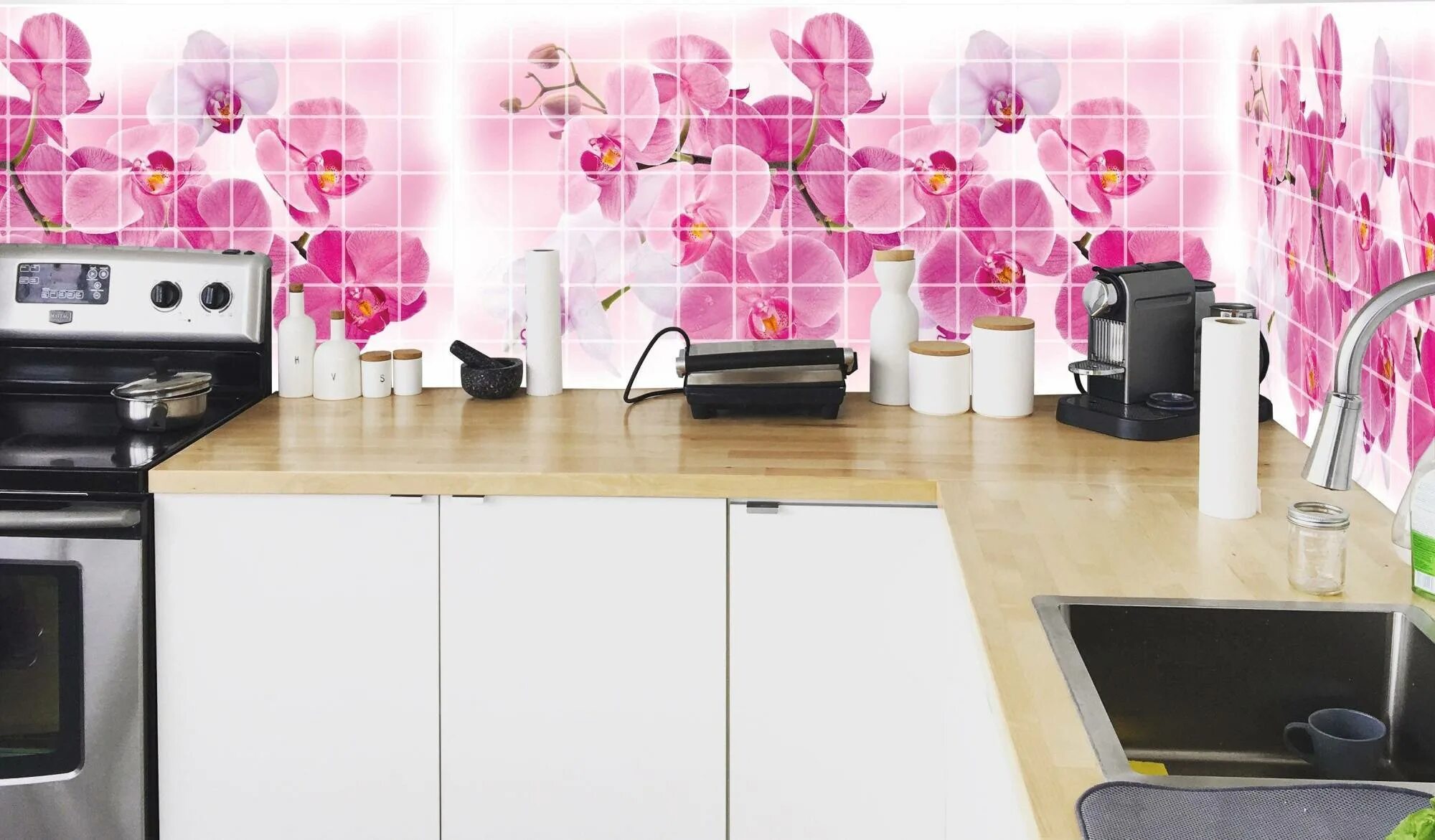 Панель ПВХ мозаика Орхидея Розея. Панель ПВХ мозаика Орхидея Розея 480*955*0,2мм. Пластиковые панели для кухни. Пластиковые стеновые панели для кухни. Пвх панели для фартука кухни
