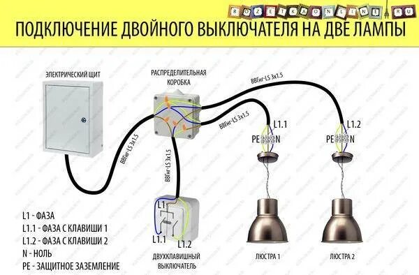 Схема подключения 2 выключателя 2 лампочки. Схема подключения выключателя к лампочке 2 клавиши. Схема подключения 2 лампочки с двух 2 выключатель на один провод. Схема подключения две лампочки и два выключателя схема.