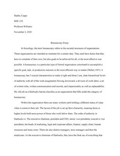 Bureaucracy essay - Grade: A+ - Shelby Copps SOC- Professor Williams Novemb...