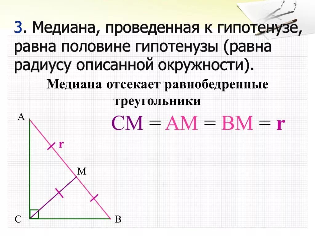 Гипотенуза равна медиане