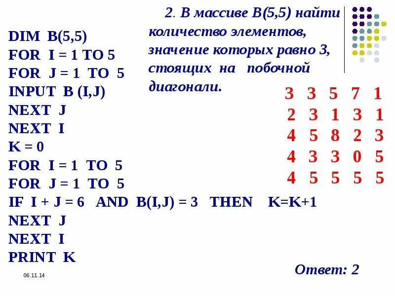 В массиве k n всего элементов. Вычислить количество нулевых элементов в массиве. Диагонали в массиве. Массив 5 на 7. Сколько элементов будет у массива  который задан Dim.