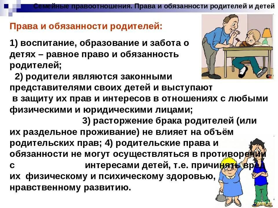 Обязанности по воспитанию обучению и. Правовые отношения родителей и детей.