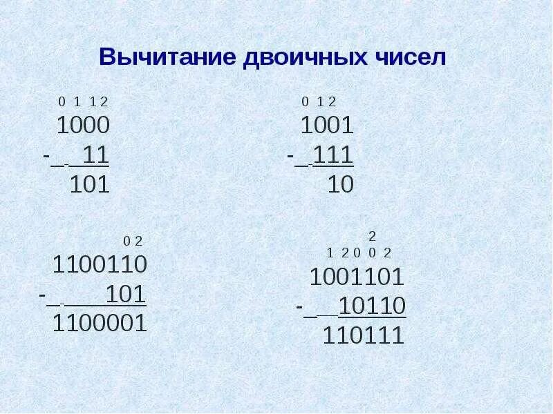 Сложение и вычитание чисел калькулятор. Вычитание в двоичной системе счисления. Вычитание двух двоичных чисел. Вычитание в двоичной системе примеры. Как отнимать числа в двоичной системе.