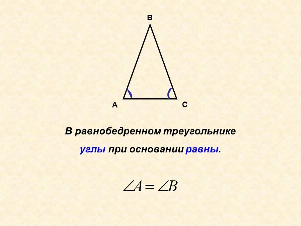 Почему углы при основании равны. В равнобедренном треугольнике углы при основании равны. В равнобедренном треугольнике при основании равны. Угол при основании равнобедренного треугольника. Углы у основания равнобедренного треугольника.