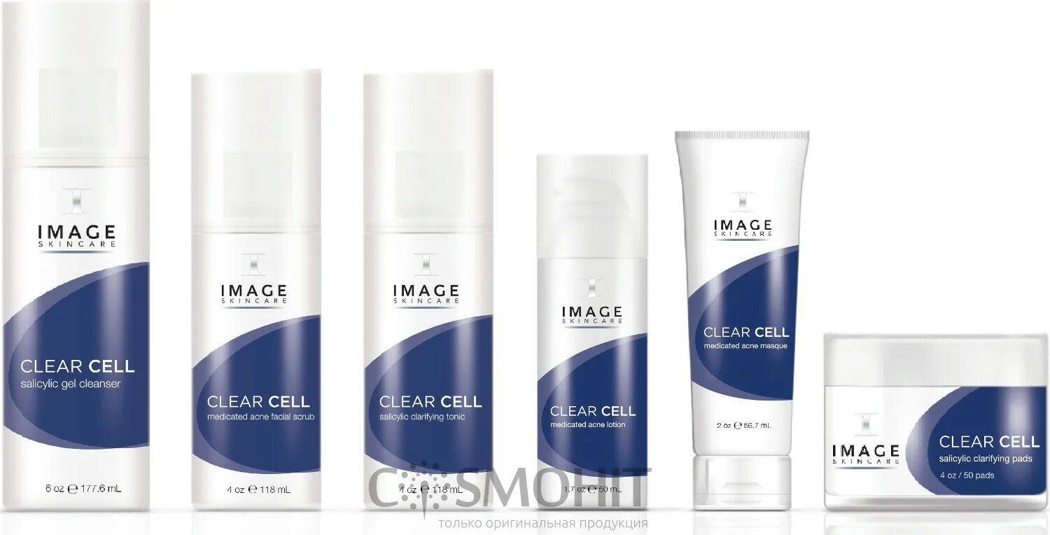 Clear image. Clear cell salicylic clarifying pads. clear cell medicated acne lotion. clear cell salicylic gel cleanser. clear cell image skincare.