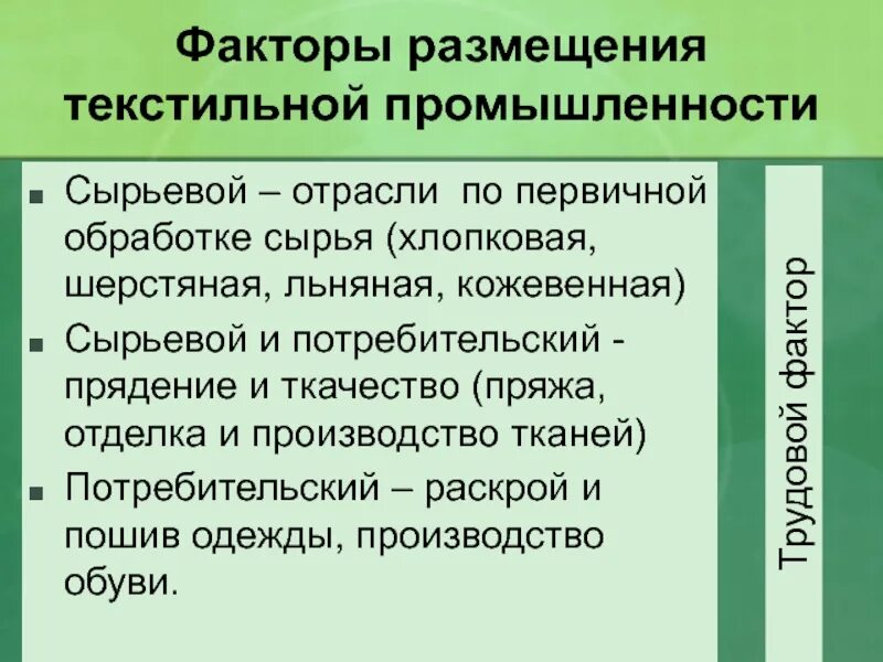 Факторы размещения сырьевой отрасли. Первичная переработка сырья факторы размещения. Факторы размещения производства хлопка. Льняная отрасль факторы размещения. Сырьевой фактор производства