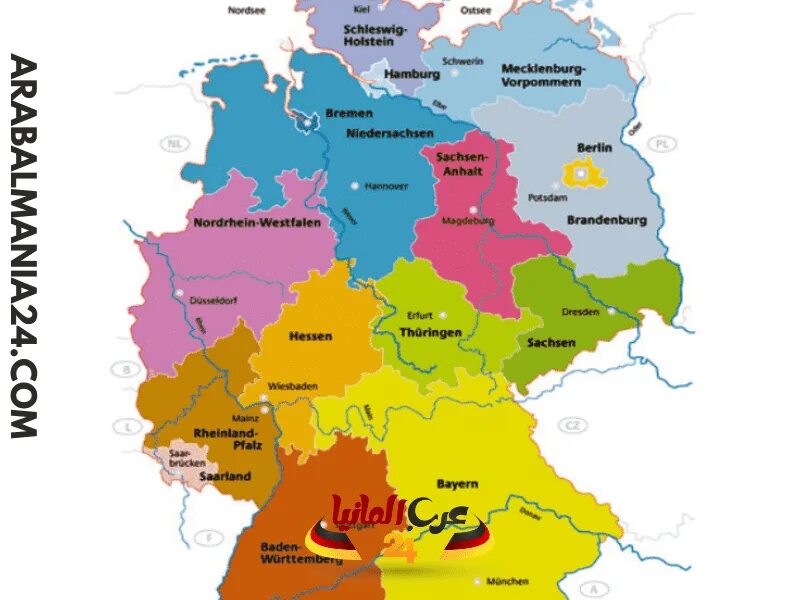 Карта германии 2023. Карта Германии с 16 федеральными землями. Карта Германии 16 земель. Федеральные земли Германии на немецком со столицами. Нижняя Саксония на карте Германии.
