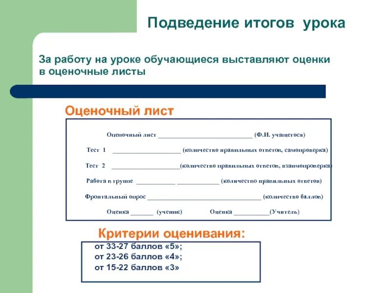 Тесты для учащихся 9 классов. Подведение итогов урока. Оценочный лист урока. Оценочный лист проекта. Лист оценки обучающегося на занятиях.