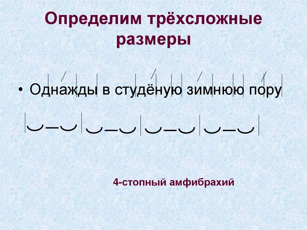 Размер стиха является трехсложным. Однажды в Студёную зимнюю пору размер стиха. Трехсложный стихотворный размер. Четырехстопный амфибрахий. Размеры стиха.