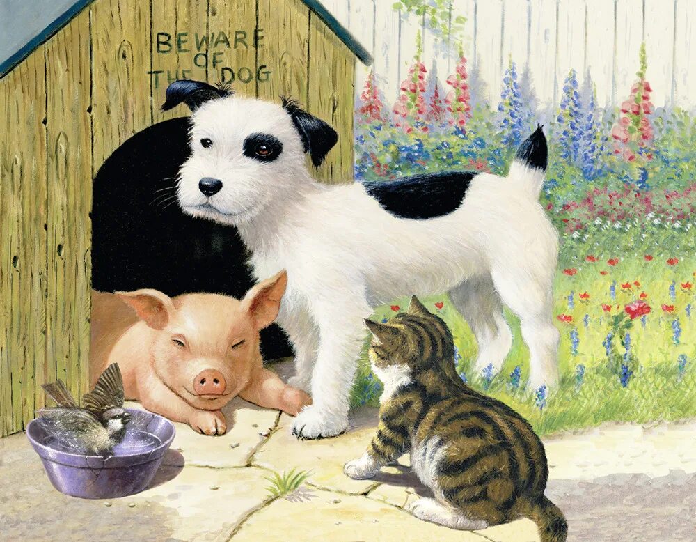 Собака и кошка иллюстрация. Поросенок и щенок. Собака кошка и свинья. Кошка и поросенок. Корова свинья собака кошка