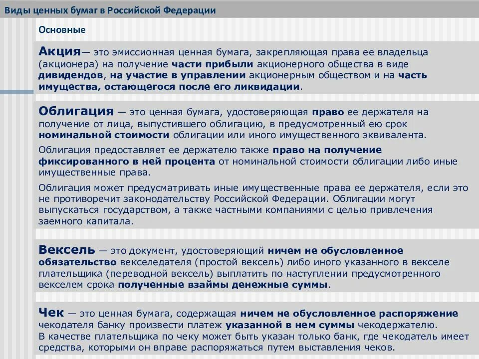 Акции российских эмитентов тест ответы. Виды ценных бумаг. Основные виды ценных бумаг акция. Виды ценных бумаг законодательство. Ценные бумаги в России список.