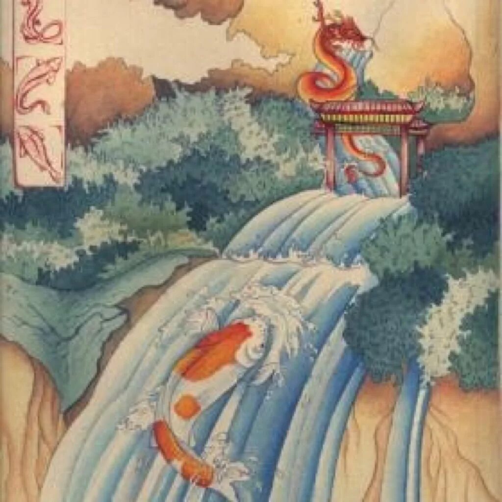 Карп преодолевающий врата дракона. Карпы перепрыгивающие драконьи врата. Японский Карп Легенда. Рыба в китайской мифологии.