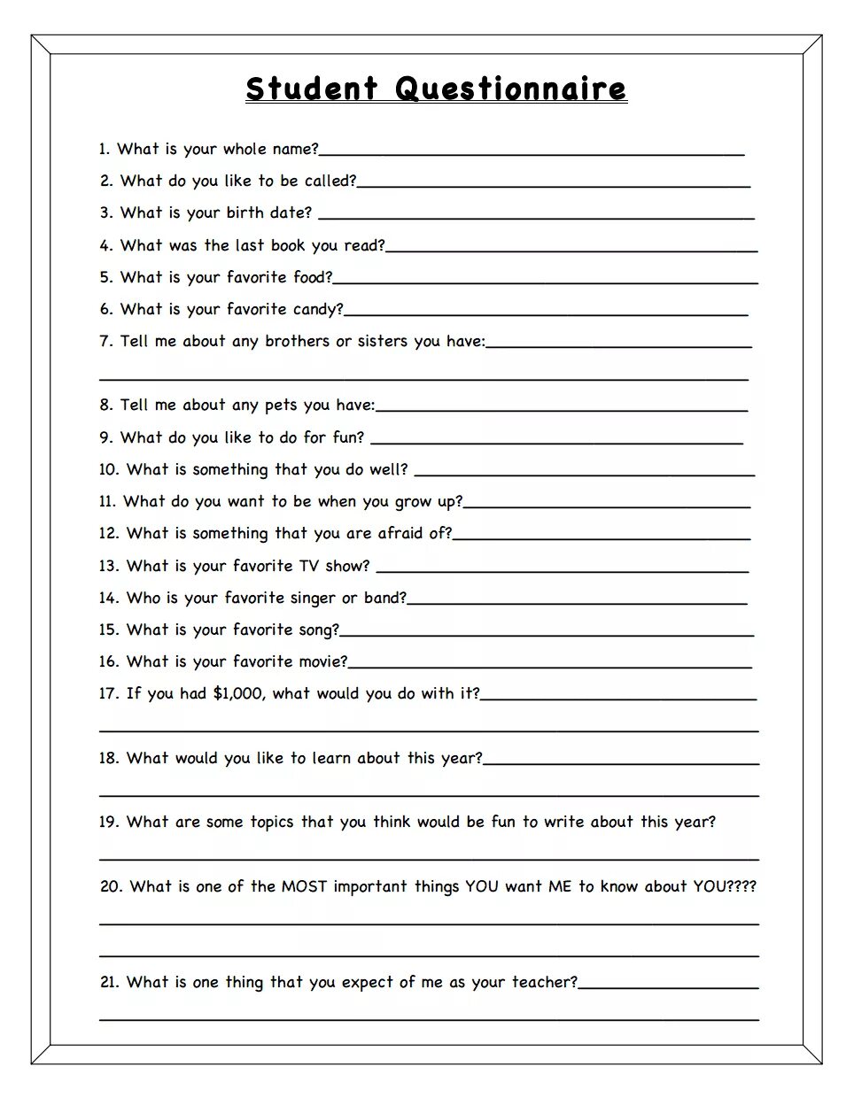 School Questionnaire. Student Questionnaire. Questionnaire in English. Questionnaire for Kids.