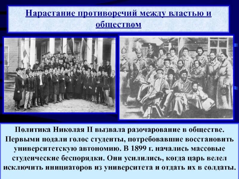 Противоречия между властью и обществом. Студенческие беспорядки 1899. Нарастание противоречий между властью и обществом. Студенческие волнения в России в начале 20 века.