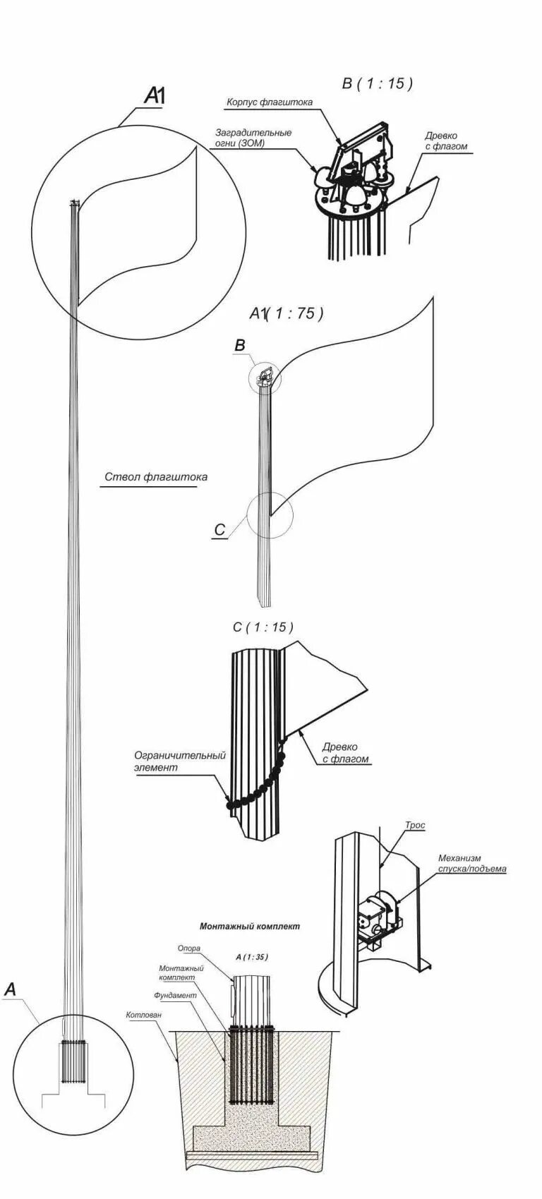 Механизм поднятия флага на флагштоке. Поворотная головка для флагштока чертеж. Флагшток уличный механизм стопорения. Наконечник флагшток вид снизу.