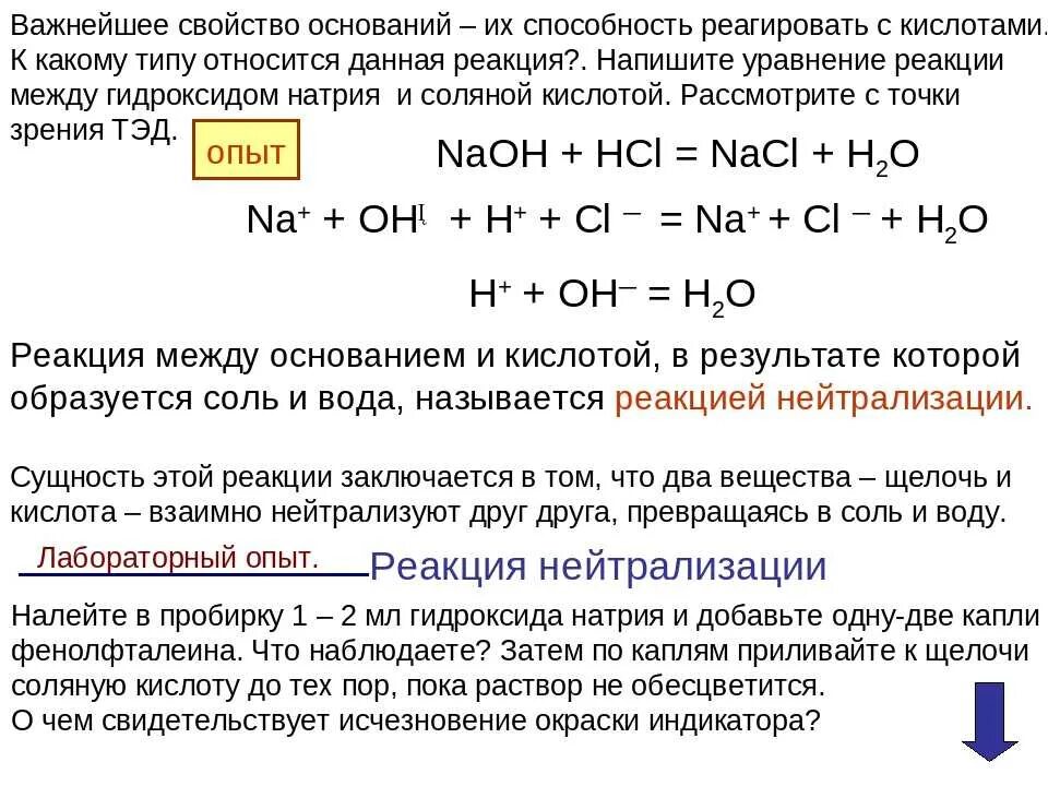 Реакция железа с раствором соляной кислоты. Взаимодействие щелочных металлов с основаниями. Взаимодействие гидроксида натрия с соляной кислотой. Реакции гидроксида натрия с выделением. Взаимодействие растворов щёлочи и кислоты.