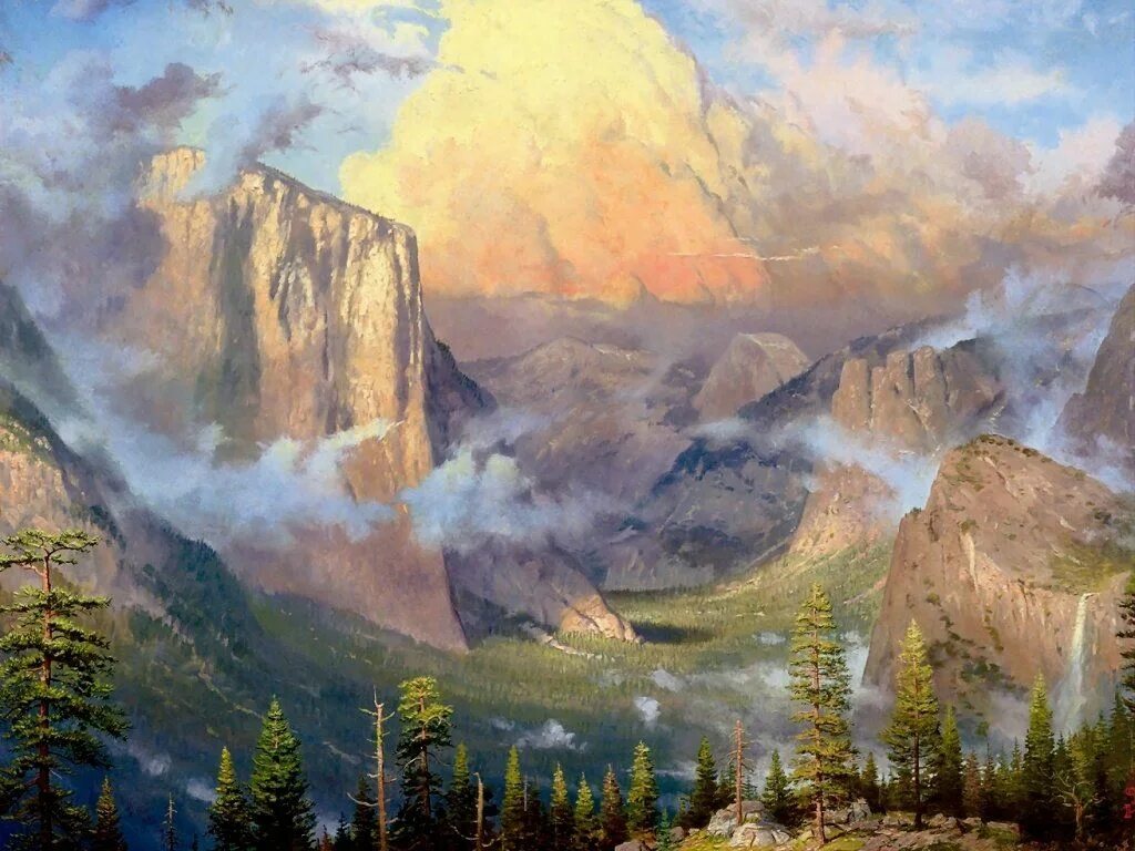 Painted landscape. Томас Кинкаде художник горы. Горный пейзаж Thomas Kinkade художник. Томас Кинкейд пейзаж природа горы. Томас Кинкаде живопись горы пикабу.