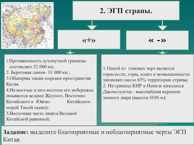 Благоприятные и неблагоприятные черты ЭГП Китая. Особенности ЭГП Китая. Плюсы и минусы географического положения Китая. Географические характеристики Китая.