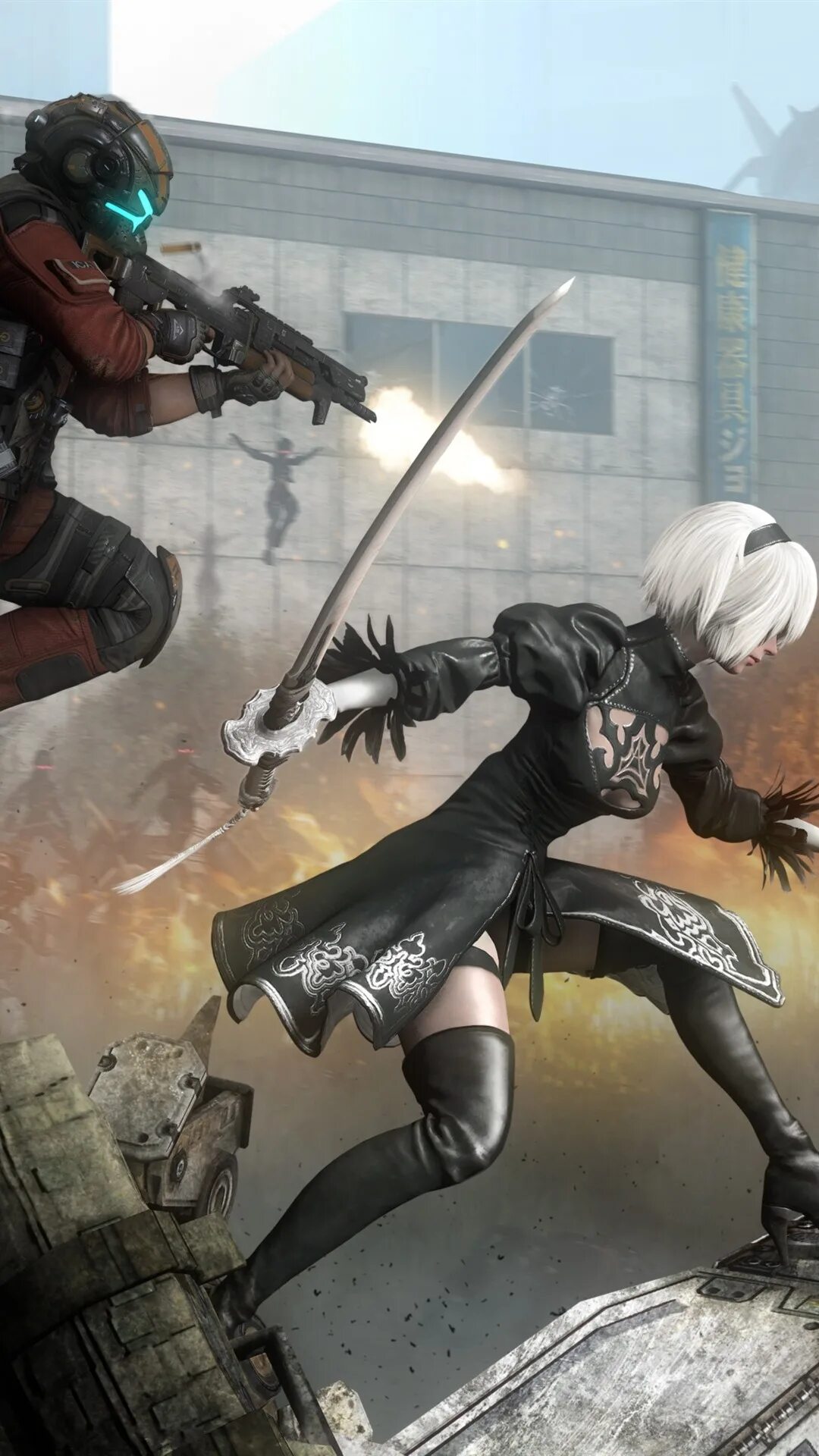 Nier android. Nier automata кроссовер. metal gear rising crossover nier automata. nier: automata battle art. 2b бой.