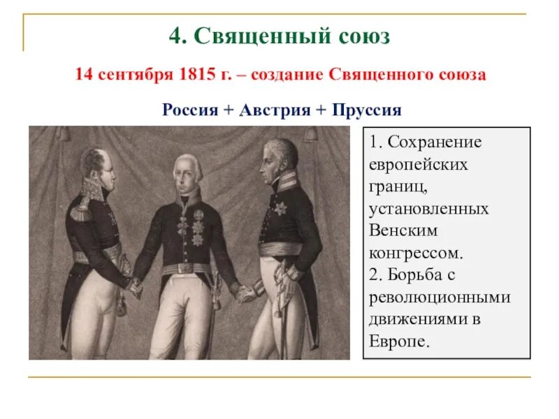 Кто входил в союз трех. Союз трех императоров 1815. В Париже Австрия, Пруссия и Россия заключили священный Союз. Принципы Священного Союза 1815.