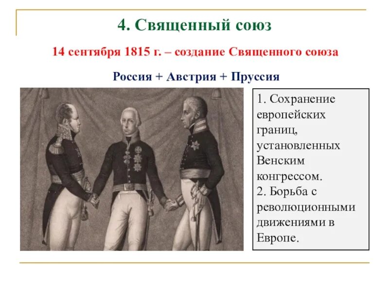 Священный союз страны. Союз трех императоров 1815. В Париже Австрия, Пруссия и Россия заключили священный Союз. Принципы Священного Союза 1815.