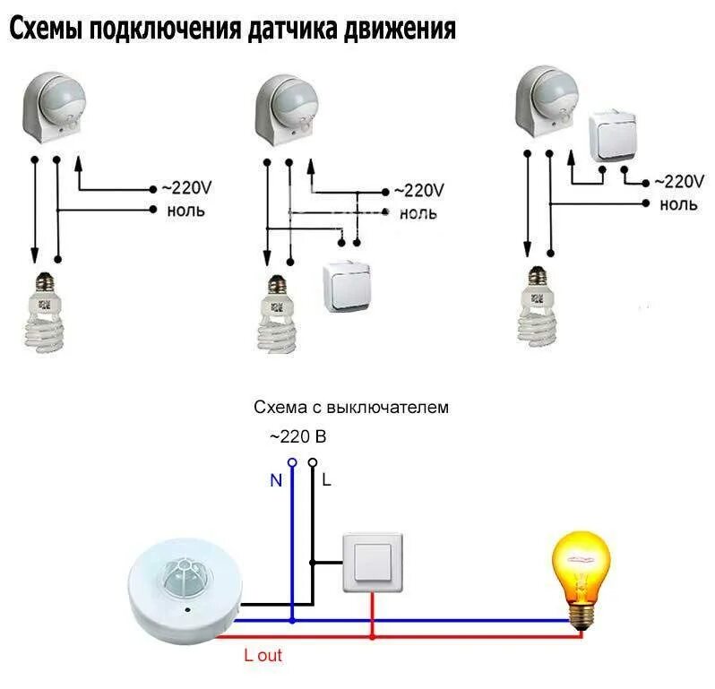 Подключение датчика движения к лампочке. Схема соединения датчика движения с выключателем. Датчик движения схема подключения 220в. Схема соединения датчика движения через выключатель. Схема подключения светильника с датчиком движения через выключатель.