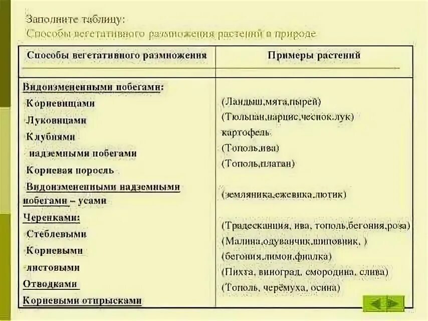 Заполнить таблицу вегетативное размножение. Способы вегетативного размножения растений таблица с примерами. Таблица по биологии 6 класс способы вегетативного размножения. Способы размножения растений таблица. Вегетативное размножение растений 6 класс биология таблица.