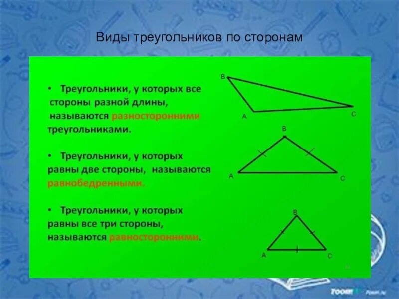 Виды треугольников по величине сторон. Виды треугольников. Какиебылвают треугольники. Типы треугольников по сторонам. Виды треугольников по углам.