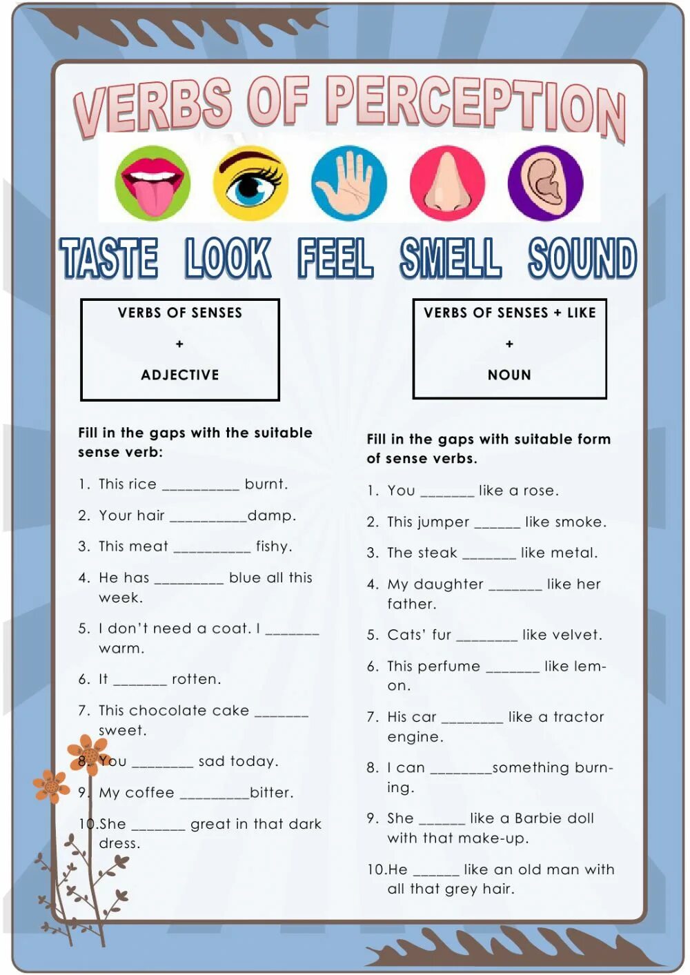 Look that feeling. Verbs of sense Perception. Verbs of Perception Worksheet. Stative verbs в английском языке Worksheets. Verbs of sense Perception Worksheets.