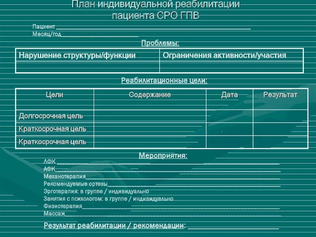 Социальная индивидуальная карта. Индивидуальный план реабилитации инвалида. План реабилитации пациента. Индивидуальный план медицинской реабилитации. Составление индивидуального плана для пациента.