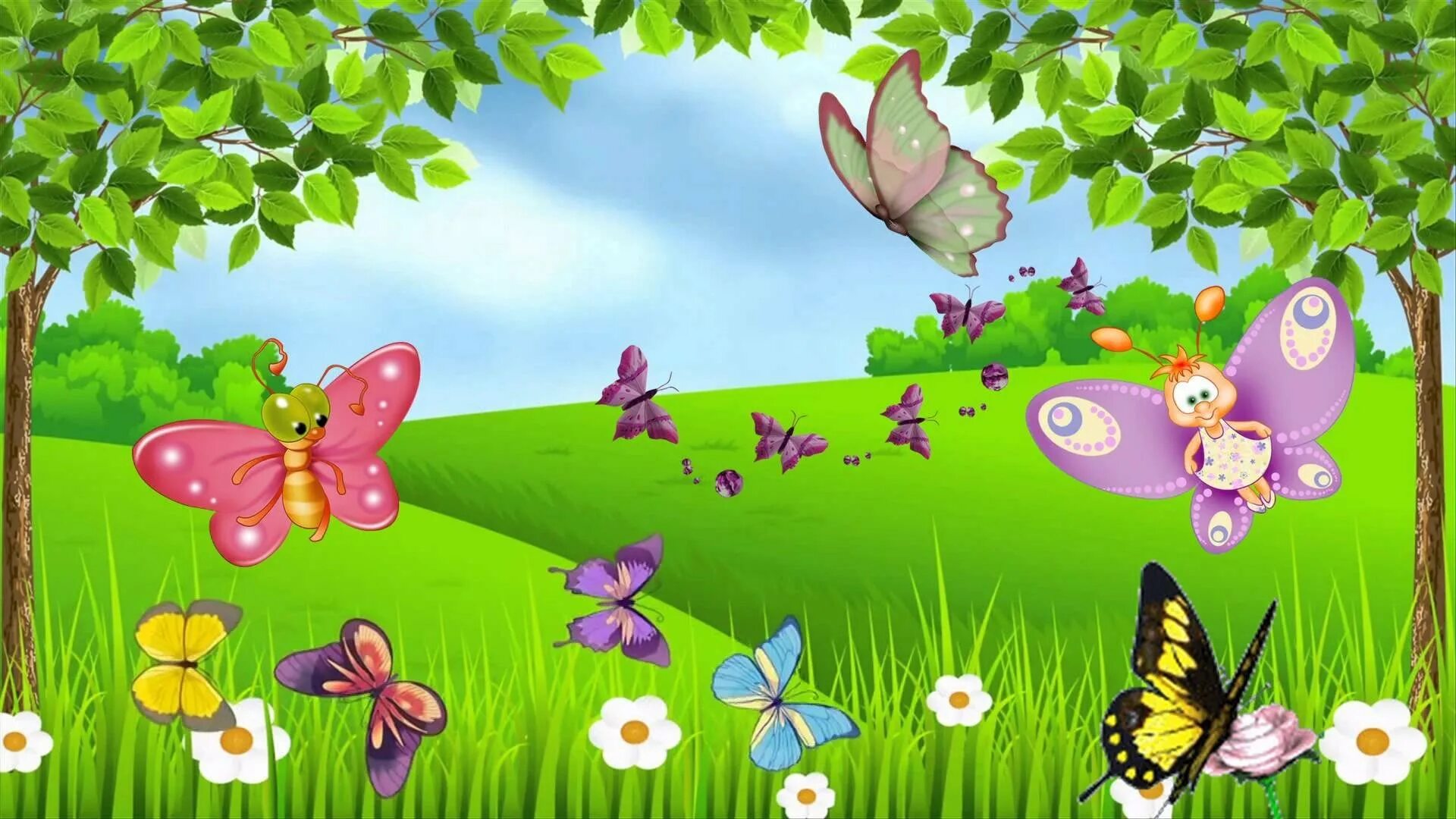 Бабочка в садик. Поляна с цветами и бабочками. Полянка для детей. Поляна с бабочками мультяшная. Лужайка с цветами и бабочками.