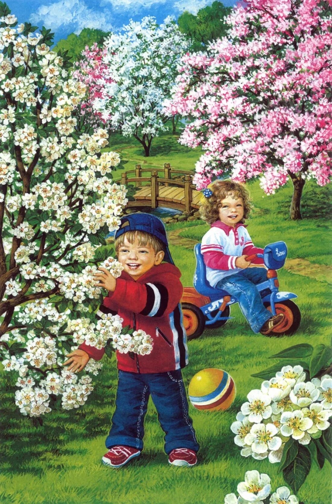 Придет в сад. Весна для детей. Весенняя картина для детей. Картина Весна для детей. Цветущая Весна для детей.