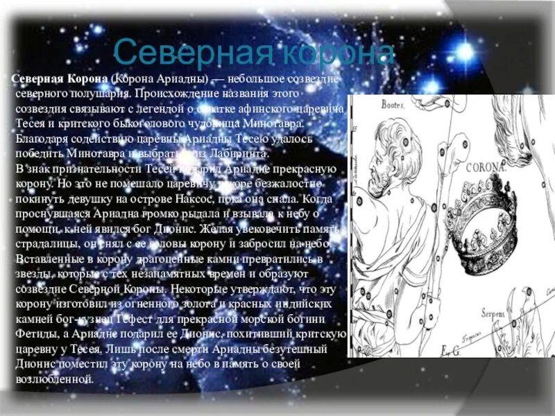 Учитель созвездий 53. Созвездие Северная корона Легенда Легенда. Легенда о созвездии корона. Созвездие Северная корона Легенда кратко. Созвездие Северная корона мифы и легенды.