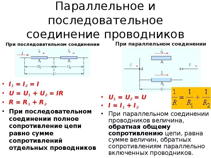 Какие есть соединения проводников. Параллельное соединение сопротивлений формула. Формула сопротивления проводника при параллельном соединении. Последовательное соединение сопротивлений в цепи. При параллельном соединении соединении проводников.