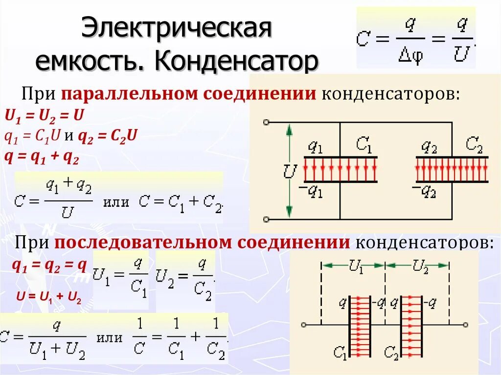 Электрическая емкость соединение емкостей. Последовательное и параллельное соединение конденсаторов. Емкость конденсаторов при смешанном соединении. Плоский конденсатор соединение конденсаторов. Последовательное соединение конденсаторов формула.