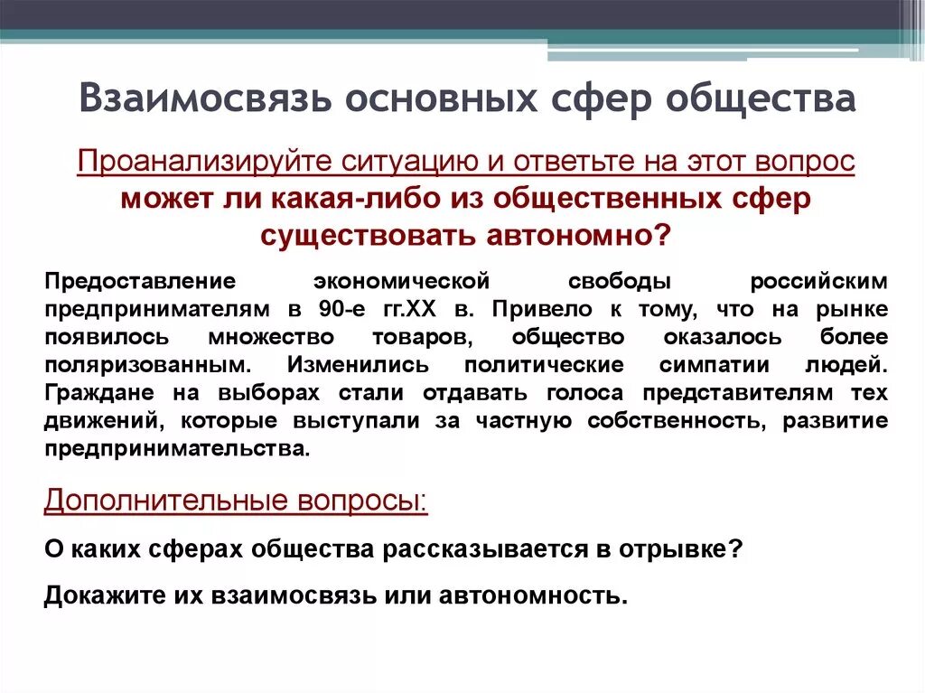 Взаимосвязь основных сфер общества. Примеры взаимодействия сфер общественной жизни. Взаимосвязь общественных сфер. Примеры взаимосвязи сфер общественной жизни.