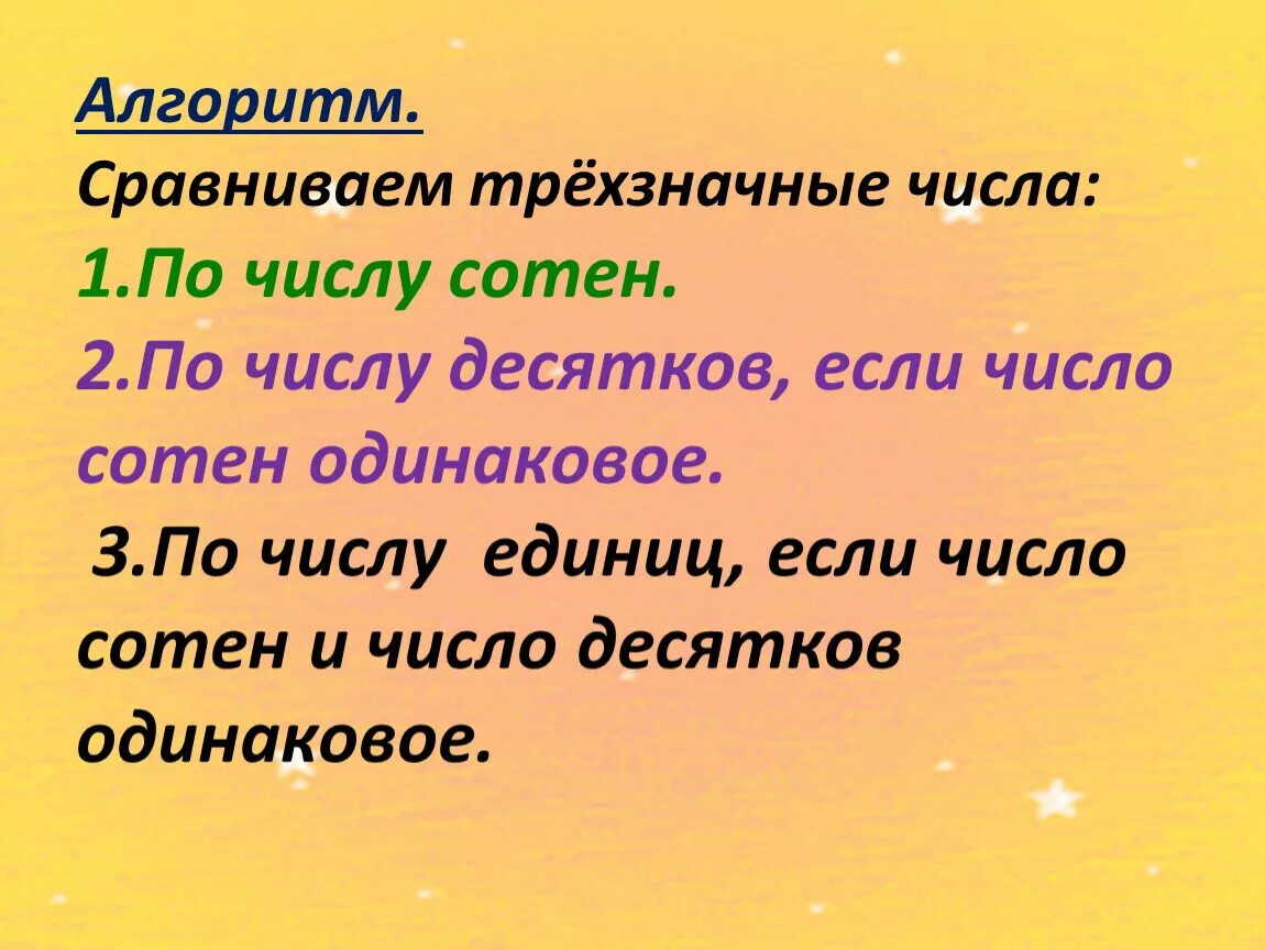 Сравнение трехзначных чисел 3 класс конспект. Алгоритм сравнения трехзначных чисел. Сравнение чисел 3 класс. Сравни трехзначные числа. Алгоритм сравнения чисел.