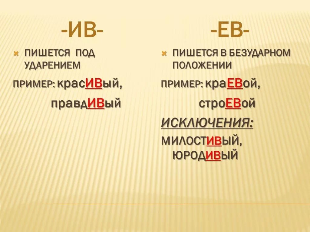 Суффикс ев всегда безударный. Суффикс Ив пишется под ударением примеры. Некспеху правописание. Суффиксы ев под ударением примеры.