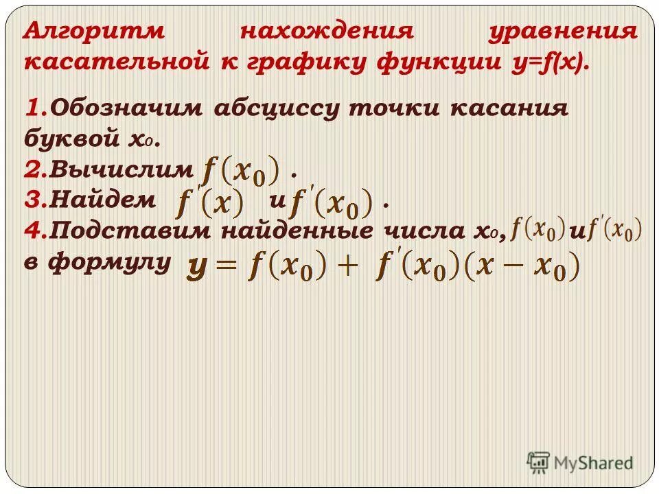 Производная функции алгоритм. Уравнение касательной к графику функции алгоритм. Уравнение касательной алгоритм. Алгоритм нахождения уравнения касательной к графику функции. Алгоритм составления уравнения касательной к графику функции.