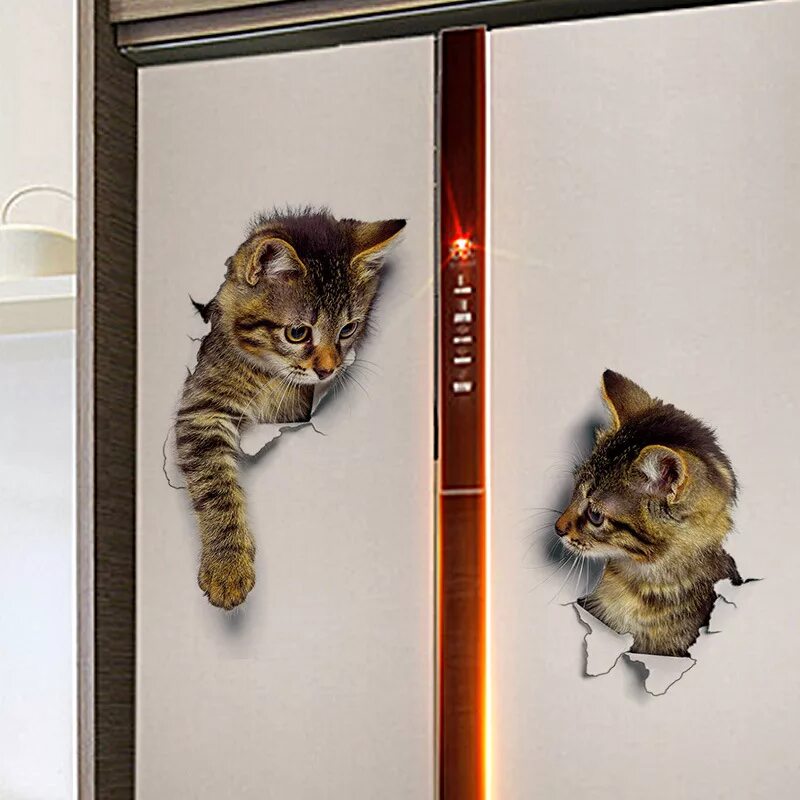 Наклейки на холодильник коты. Котики на стену. 3d наклейки коты. Котик у двери. Купить кошку на стене