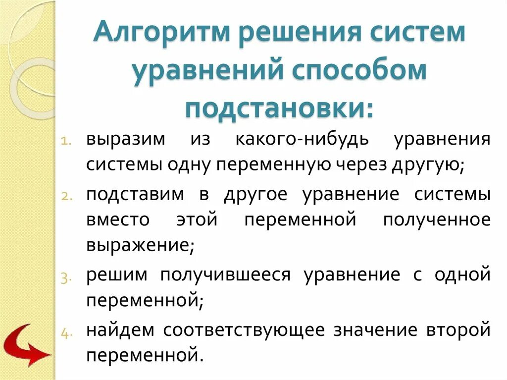 Алгоритм решения методом подстановки. Алгоритм решения системы уравнений методом подстановки. Алгоритм решения системы уравнений способом подстановки. Алгоритм решения систем уравнений подстановкой.