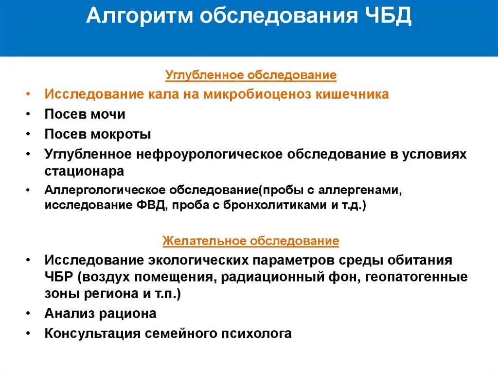 Алгоритм осмотра ребенка. Алгоритм обследования ЧБД. Схема обследования часто болеющих детей. Резиденты ЧБД. ЧБД состав.