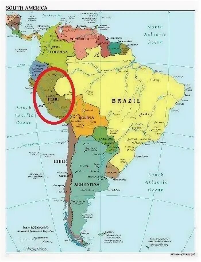 Экватор пересекает материк почти посередине. Тропики пересекают Южную Америку. Экватор пересекает Северную Америку почти посередине. Где Северную Америку пересекает Северный Тропик. Перу полностью расположено в Южном полушарии.