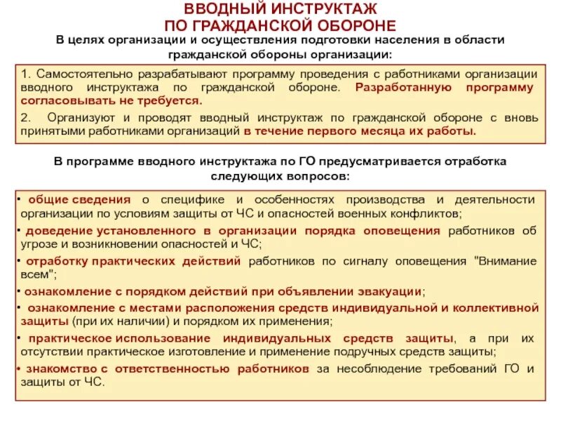 Вновь принимаемый работник это. Инструктаж по го и ЧС. Программа проведения вводного инструктажа по ЧС. План вводного инструктажа по гражданской обороне. Программа инструктажа по го и ЧС В организации.