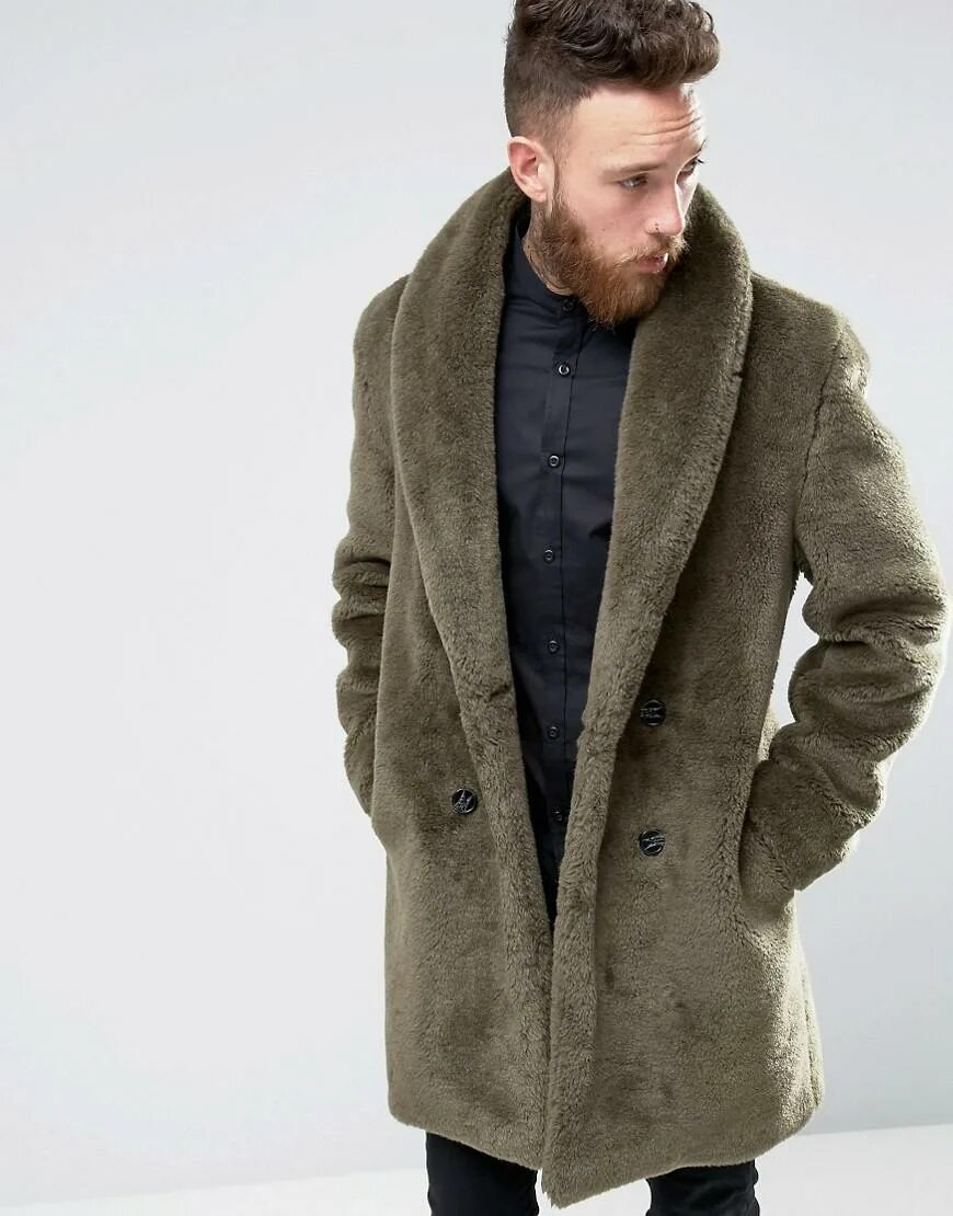 ASOS Faux Shearling Teddy Overcoat in Khaki. Sherpa fur Coat мужская. Sherpa Overcoat мужская. Плюшевое пальто мужское.